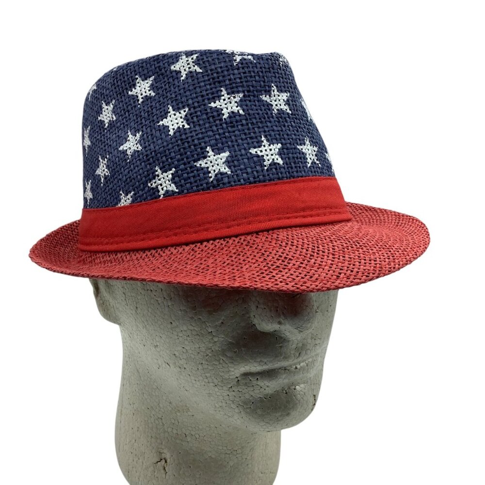 Patriotic Red & Blue Fedora Hat With White Stars Design One Size